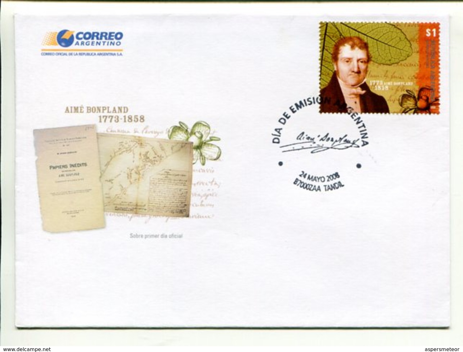 AIME BONPLAND 1977 - 1858, MEDICO MÉDICAL DOCTOR. ARGENTINA AÑO 2008 SOBRE PRIMER DIA ENVELOPE FDC  -LILHU - Altri & Non Classificati