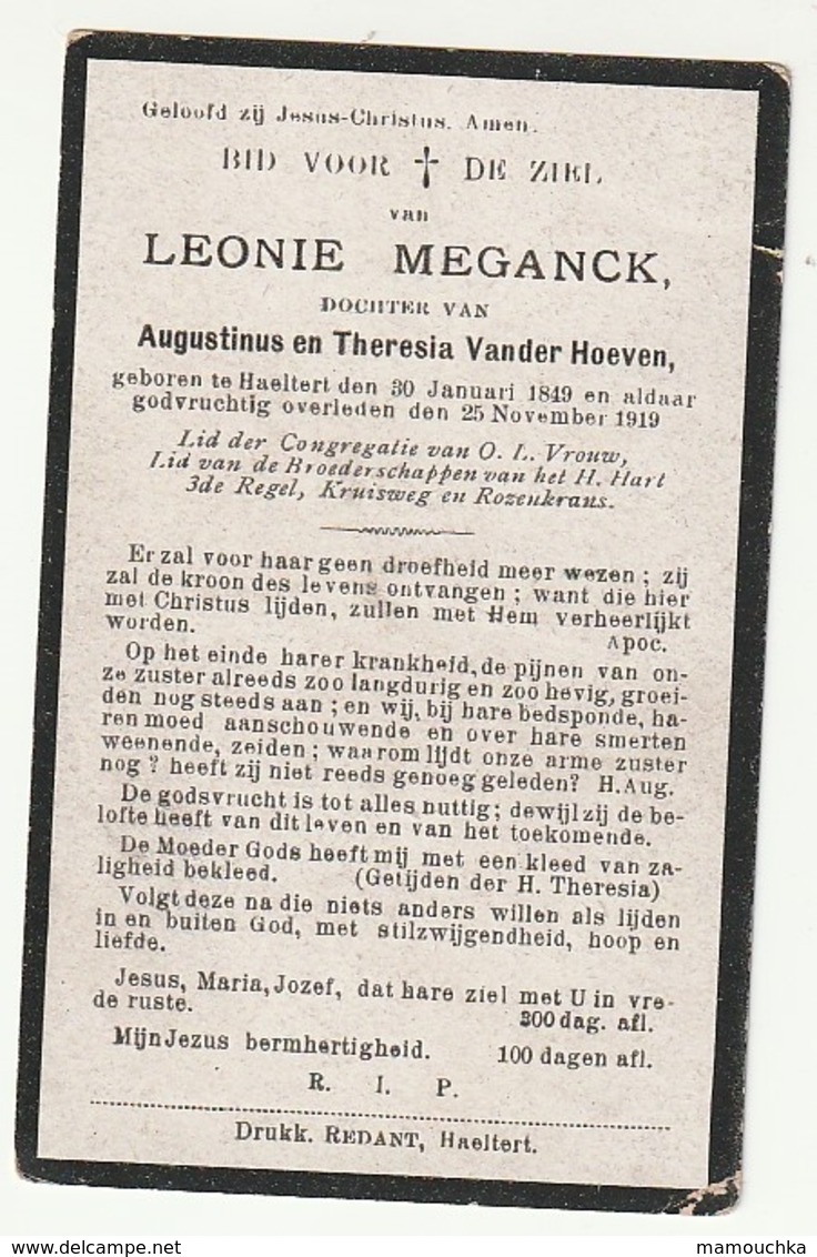 Doodsprentje Leonie MEGANCK Dochter Van Augustinus En Theresia Vander Hoeven Haeltert 1849 - 1919 - Images Religieuses