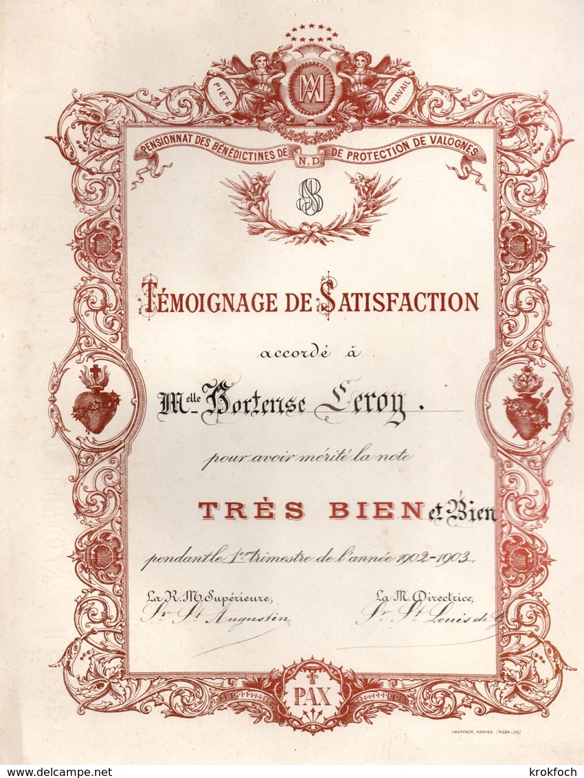 Pensionnat Des Bénédictines De Valognes - Témoignage De Satisfaction "très Bien" 1903 - 28 Cm X 23 Cm - Diploma's En Schoolrapporten