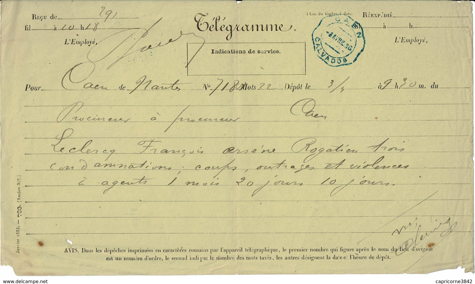 1936 - Télégramme Du Procureur De Caen Pour Procureur De Nantes - Condamnation D'un Prévenu - Télégraphes Et Téléphones