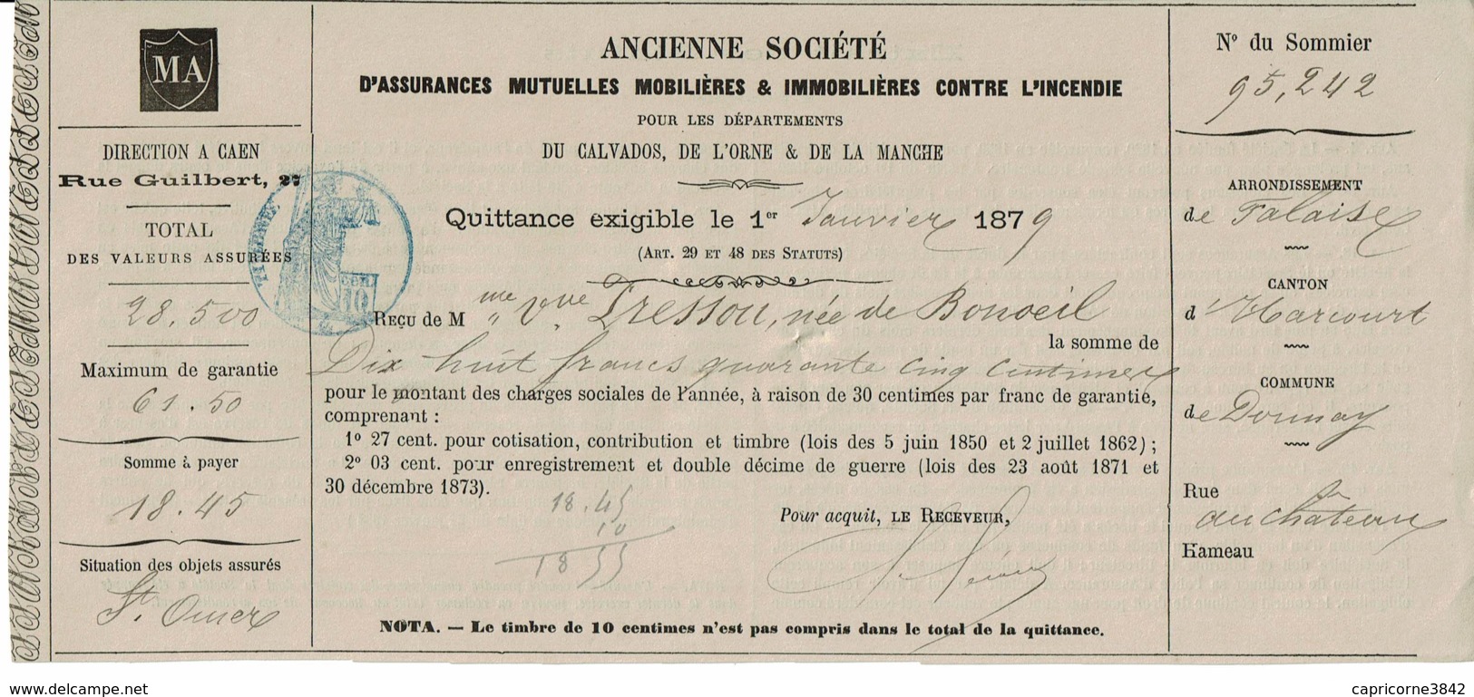 1879 - Quittance De Paiement Pour Assurance Incendie + état Des Sinistres 1877/1878 - Bank En Verzekering