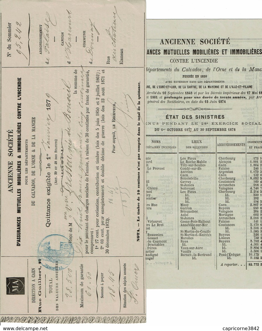 1879 - Quittance De Paiement Pour Assurance Incendie + état Des Sinistres 1877/1878 - Bank En Verzekering