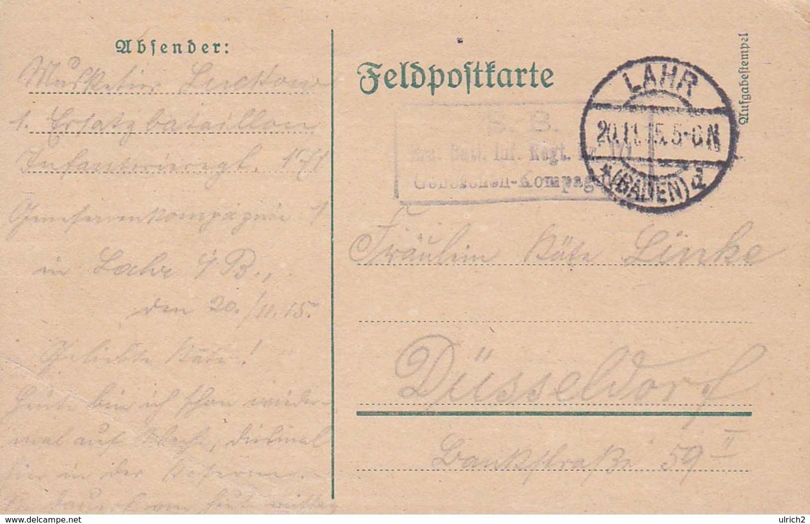 Feldpostkarte Ers. Batl. Inf. Regt. Nr. 171 Genesenen-Kompagnie - 1915  (41767) - Briefe U. Dokumente