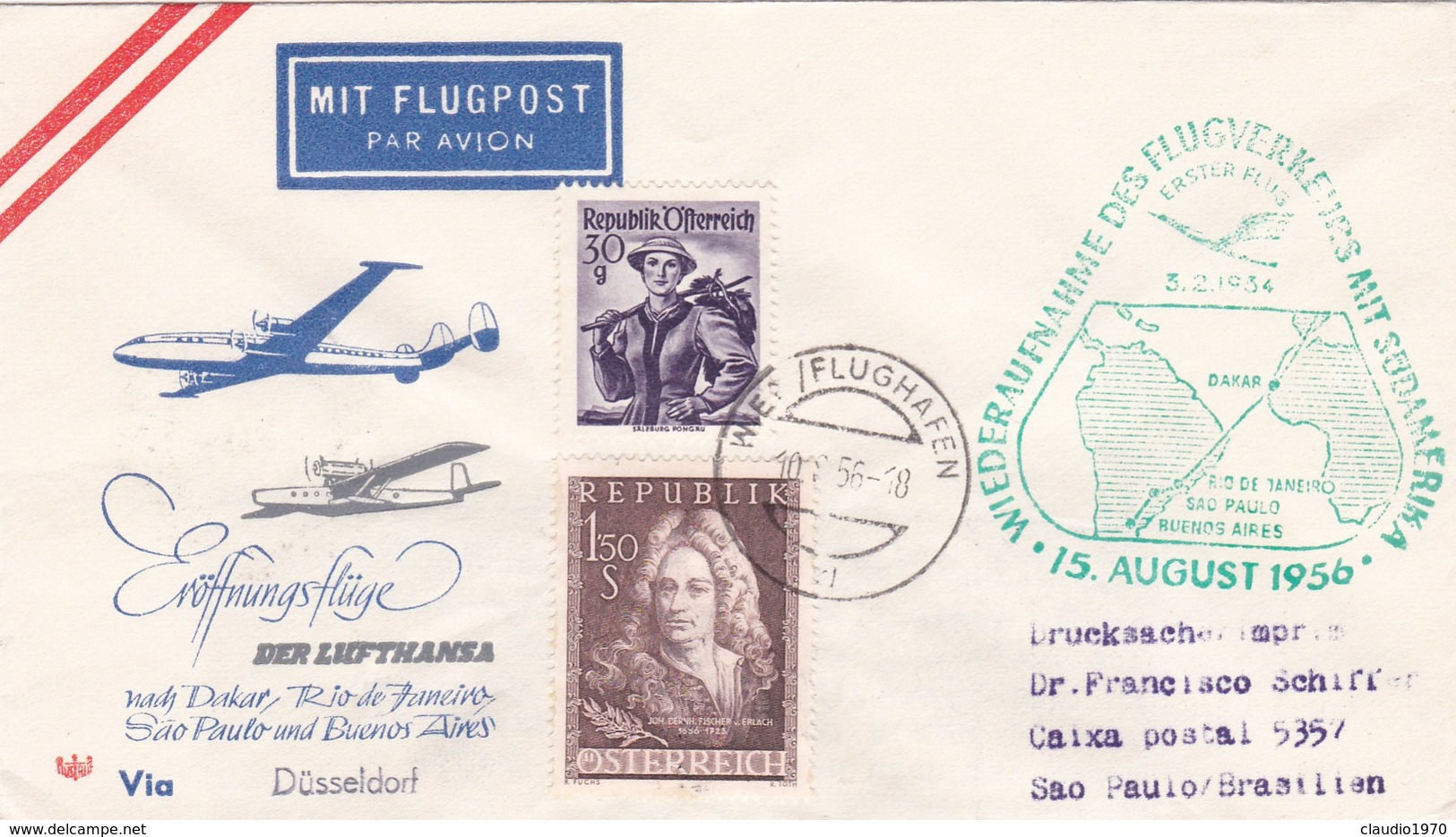 BUSTA PRIMO VOLO -  AUSTRIA LUFTHANSA - WIEN /FLUGHAFEN - DAKAR / SENEGAL 1956 - VIA DùSSELDORF ( GEMANIA) - Storia Postale