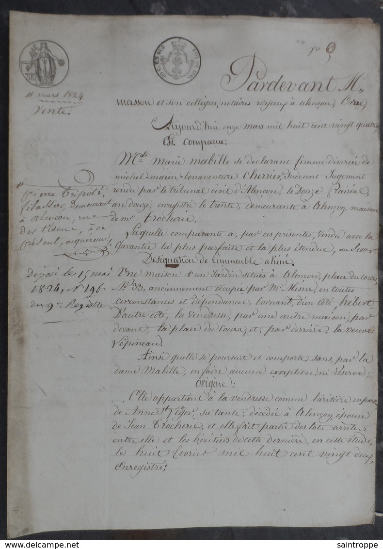 Manuscrit De 1824.Marie Mabille,vend à Pierre Tripoté,une Maison à Alençon, 33 Place Du Cours. - Manuscrits