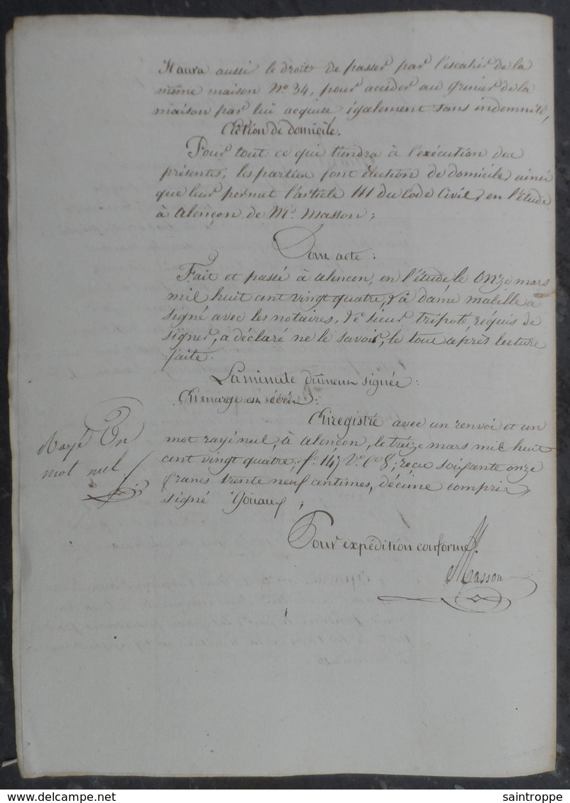 Manuscrit De 1824.Marie Mabille,vend à Pierre Tripoté,une Maison à Alençon, 33 Place Du Cours. - Manuscrits