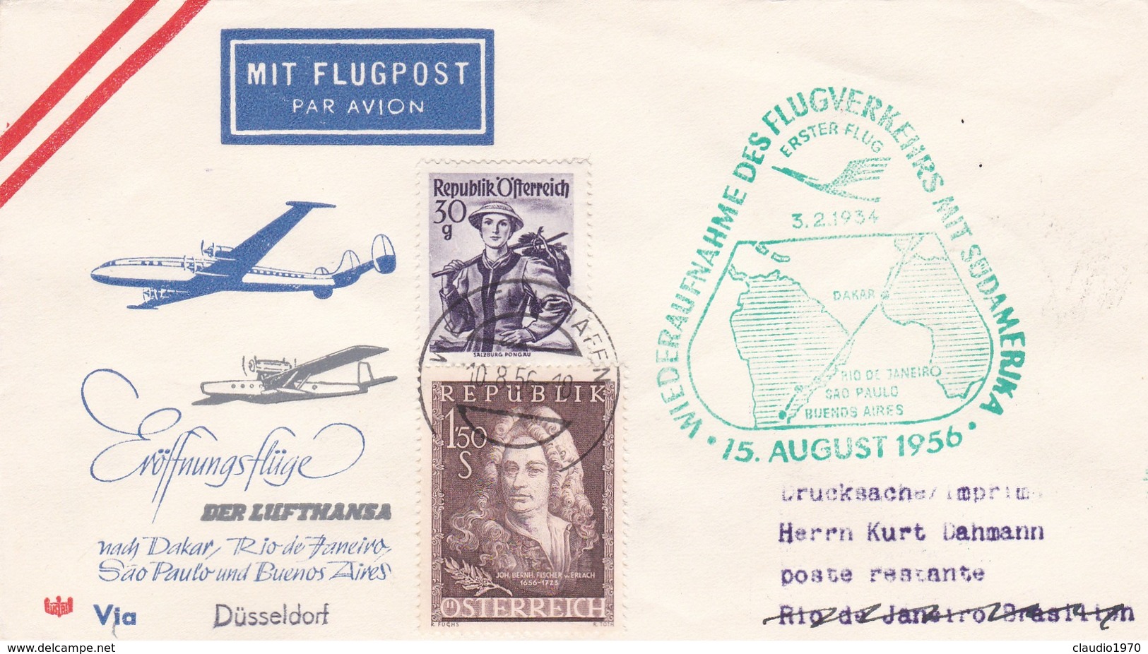 BUSTA PRIMO VOLO -  AUSTRIA LUFTHANSA - WIEN /FLUGHAFEN - RIO DE JANEIRO / BRASILE 1956 - VIA DùSSELDORF ( GEMANIA) - Storia Postale