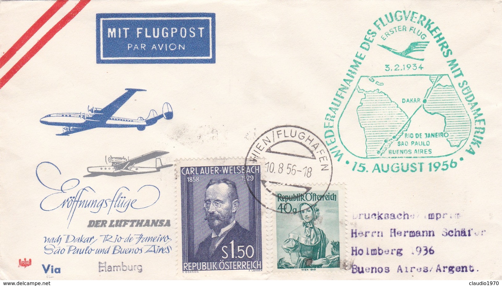 BUSTA PRIMO VOLO -  AUSTRIA LUFTHANSA - WIEN /FLUGHAFEN - BUENOS AIRES / ARGENTINA 1956 - VIA HAMBURG ( GEMANIA) - Storia Postale