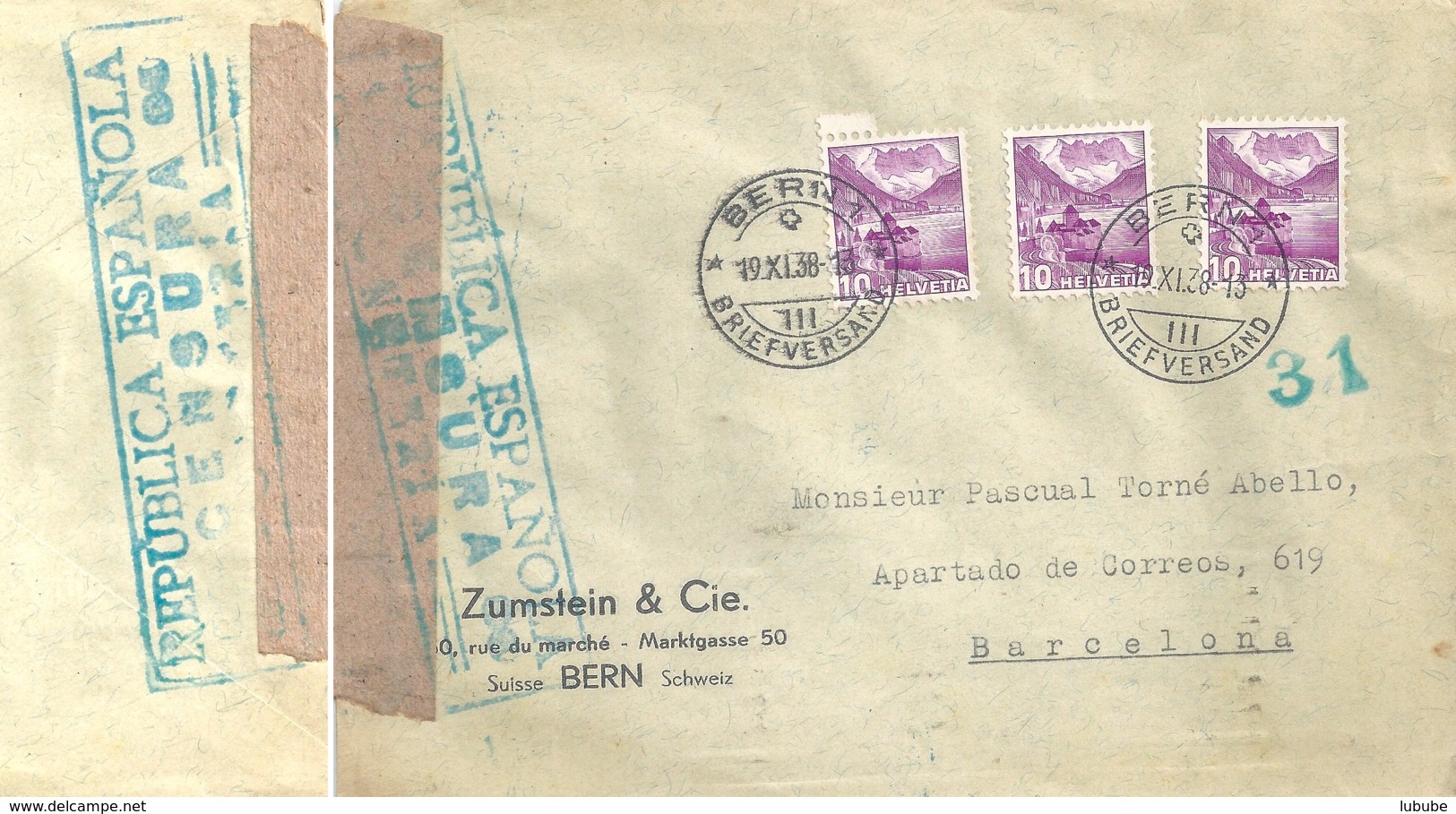 Zensur Brief  "Zumstein, Bern" - Barcelona              1938 - Lettres & Documents