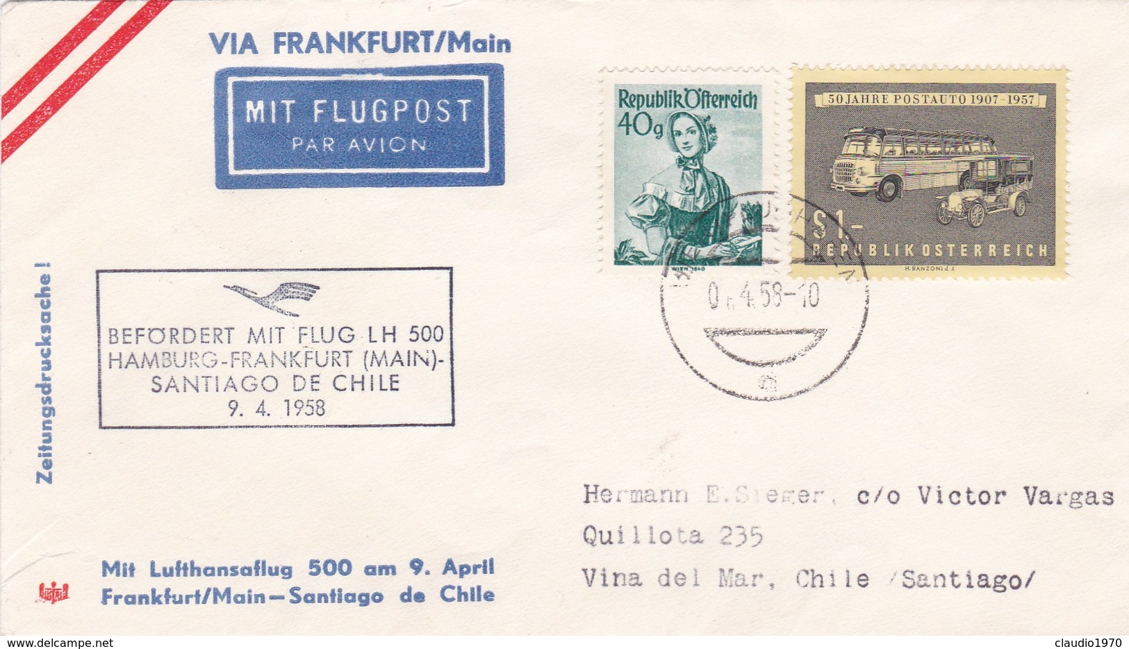 BUSTA PRIMO VOLO -  AUSTRIA LUFTHANSA - WIEN /FLUGHAFEN - VINA DEL MAR SANTIAGO / CHILE 1956 - VIA FRANKFURT/ ( GEMANIA) - Storia Postale