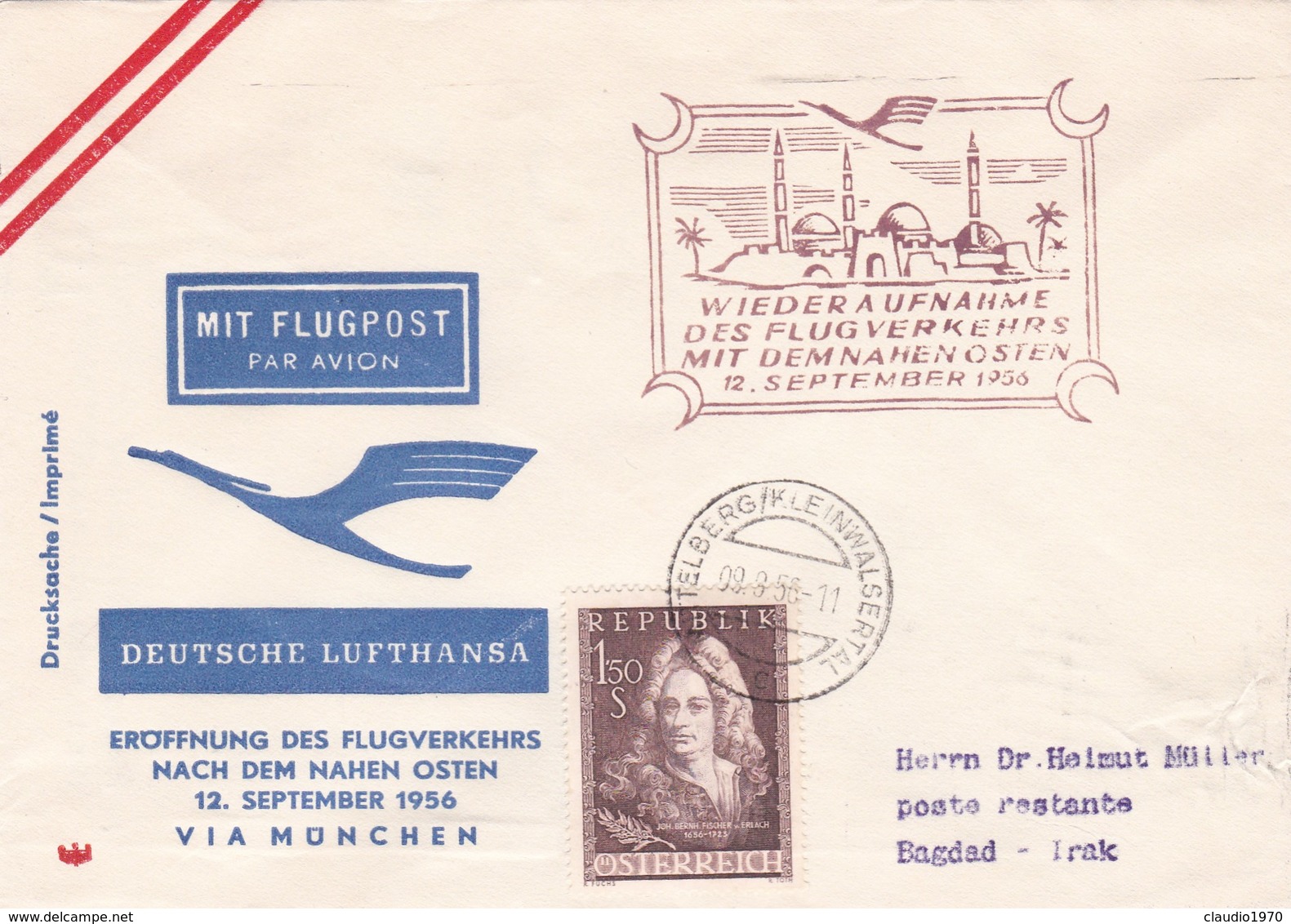 BUSTA PRIMO VOLO -  AUSTRIA LUFTHANSA - RIEZLERN KLEINWLSERTAL - BAGDAD / IRAK 1956 - VIA MUNCHEN ( GEMANIA) - Storia Postale