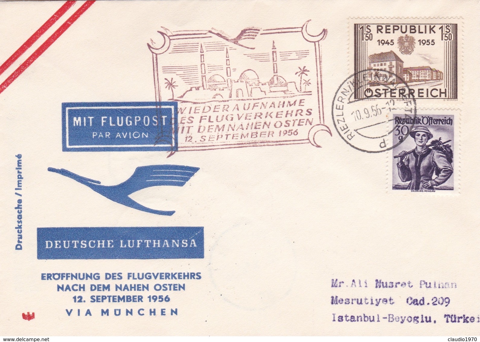 BUSTA PRIMO VOLO -  AUSTRIA LUFTHANSA - RIEZLERN KLEINWLSERTAL - ISTANBUL - BEYOGLU /TURKEI 1956 - VIA MUNCHEN (GEMANIA) - Storia Postale