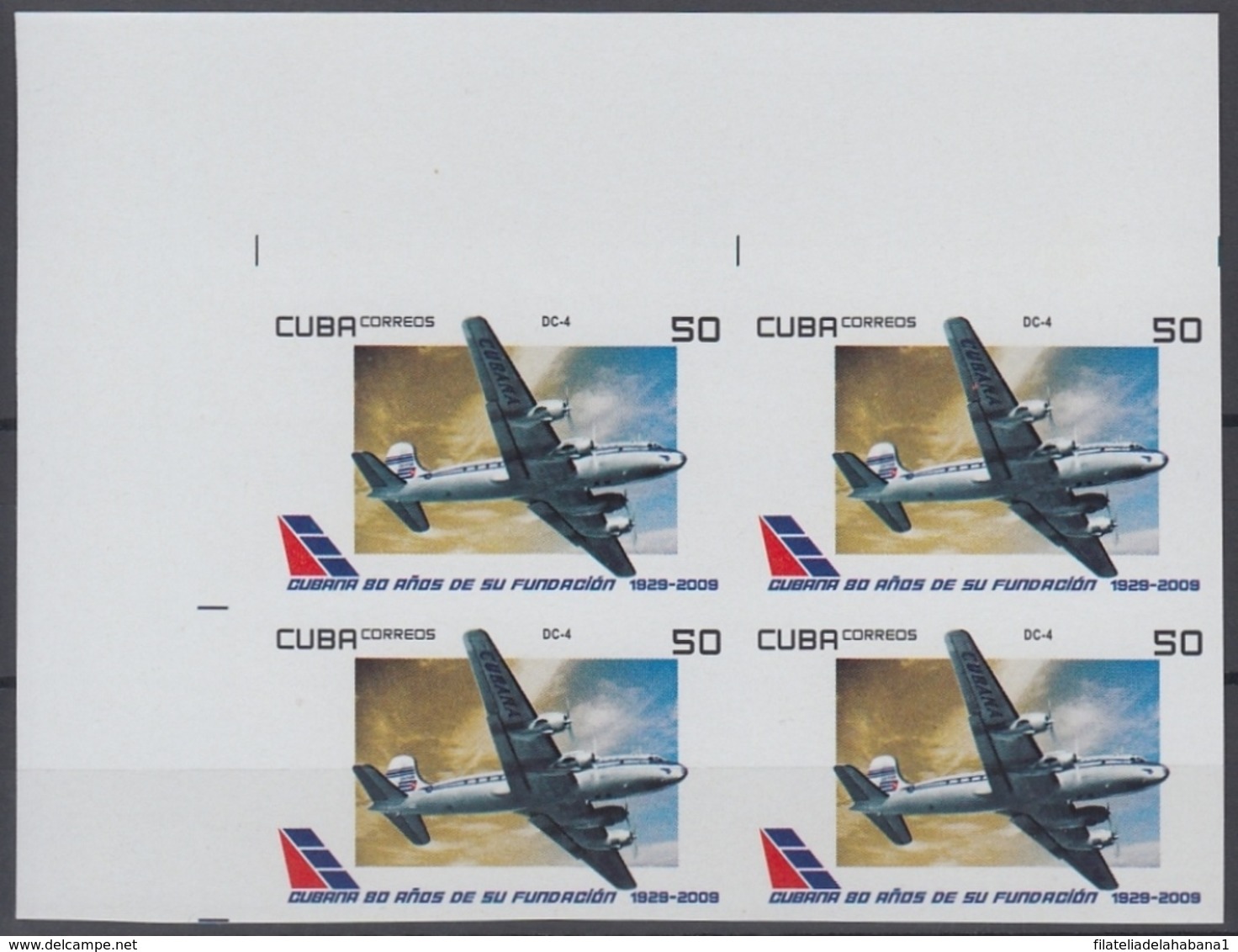 2009.311 CUBA 2009 MNH 50c  PROOF IMPERFORATE 80 ANIV CUBANA DE AVIACION DC-4 AIRPLANE AVION BLOCK 4. - Unused Stamps