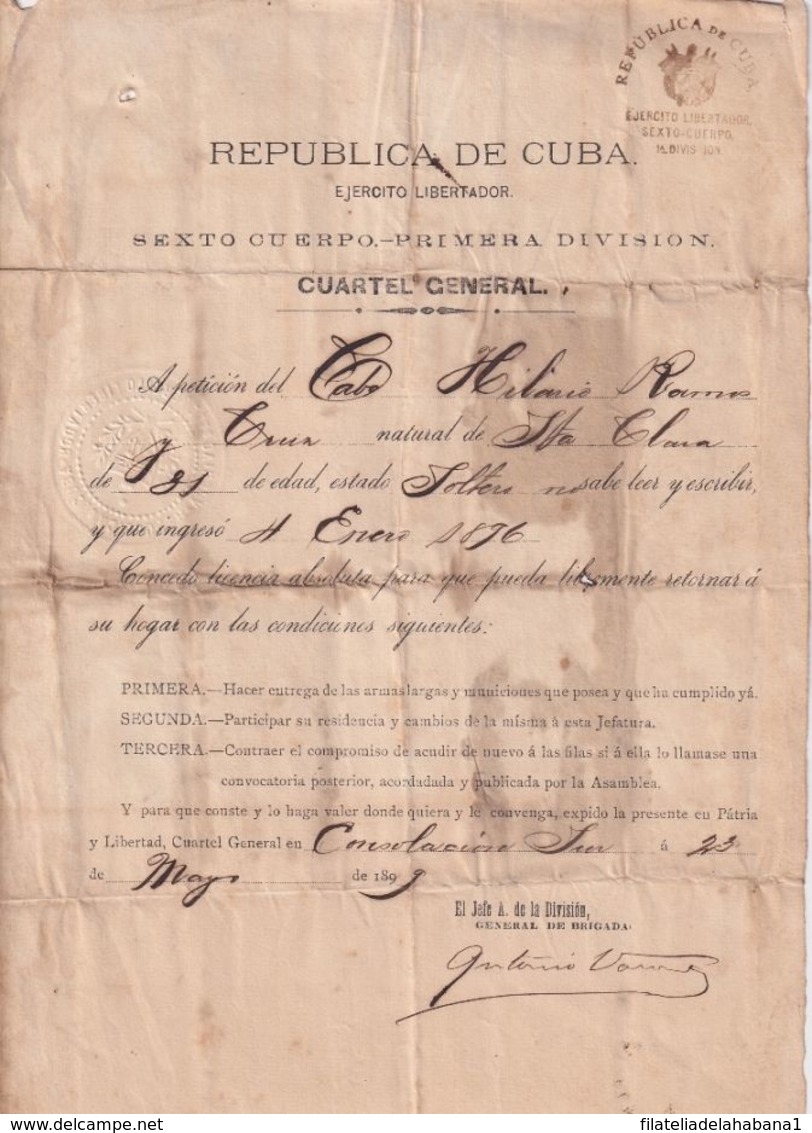 BE735 CUBA 1899 INDEPENDENCE WAR SIGNED DOC GENERAL DE BRIGADA ANTONIO VARONA - Historische Dokumente