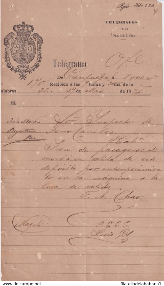 TELEG-277 CUBA SPAIN (LG1722) TELEGRAMA 1874 REPORTE DE AVERIA FERROCARRIL RAILROAD. - Documentos Históricos