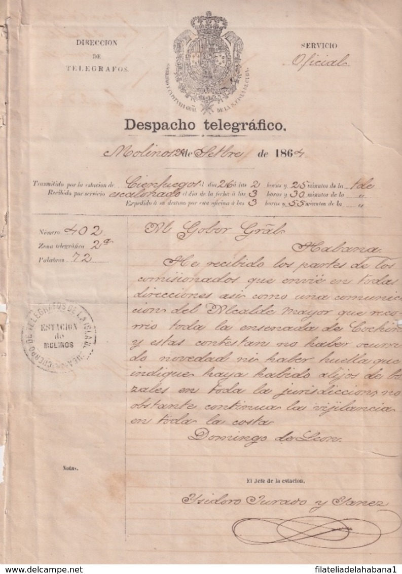 TELEG-279 CUBA SPAIN (LG1724) TELEGRAMA 1864 PERSECUSION DE ALIJOS ESCLAVOS SLAVE SLAVERY CIENFUEGOS. - Historical Documents