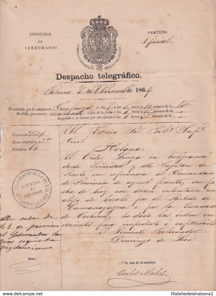 TELEG-280 CUBA SPAIN (LG1725) TELEGRAMA 1864 PERSECUSION DE ALIJOS ESCLAVOS SLAVE SLAVERY CUMANAYAGUA PIG BAY - Historical Documents