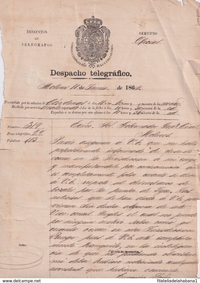 TELEG-281 CUBA SPAIN (LG1720) TELEGRAMA 1864 PERSECUSION DE ALIJOS ESCLAVOS SLAVE SLAVERY. - Historical Documents