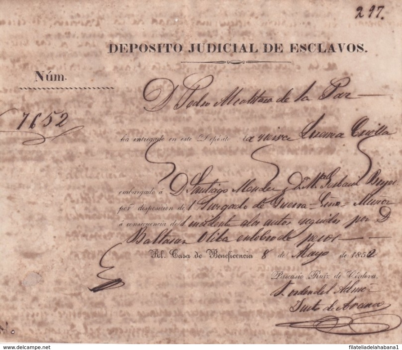 E6294 CUBA SPAIN 1852 DEPOSITO JUDICIAL DE ESCLAVOS WOMAN SLAVE PRISION SLAVERY. - Historical Documents