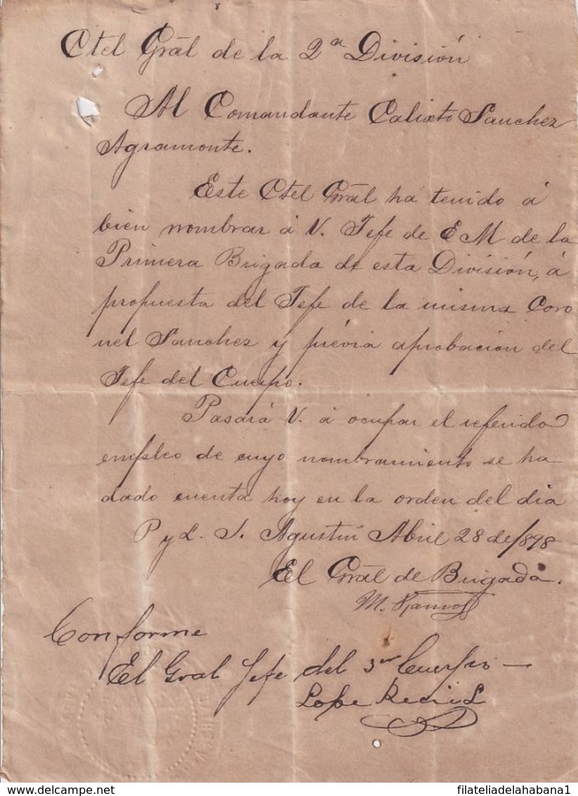 BE736 CUBA 1898 INDEPENDENCE WAR SIGNED DOC GENERAL DE BRIGADA M. RAMOS. - Historical Documents