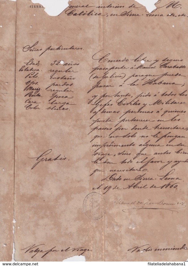 E6298 CUBA SPAIN 1860 PASAPORTE PARA CUBA EXPEDIDO EN SIERRA LEONA. DEFECTOS VISIBLES. - Historical Documents