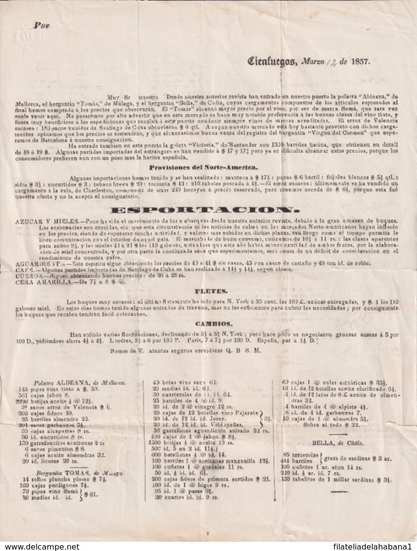 E6306 CUBA SPAIN 1857 CARTA CIRCULAR PRECIOS DE ALIMENTOS Y VINOS TRAIDOS DE ESPAÑA SHIP ALDEANA, BERGANTIN BELLA. - Historical Documents