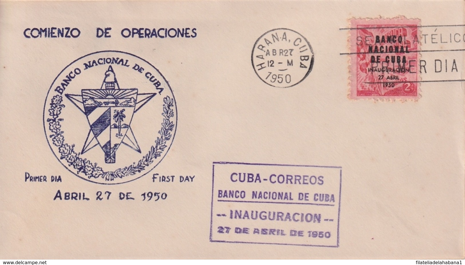 1950-FDC-102 CUBA REPUBLICA 1950 FDC INAUGURACION DEL BANCO NACIONAL, VIOLET CANCEL - FDC