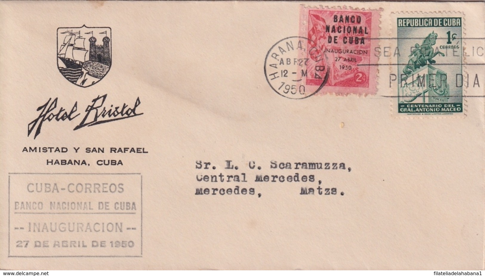 1950-FDC-105 CUBA REPUBLICA 1950 FDC INAUGURACION DEL BANCO NACIONAL, BLACK CANCEL, HOTEL BRISTOL - FDC