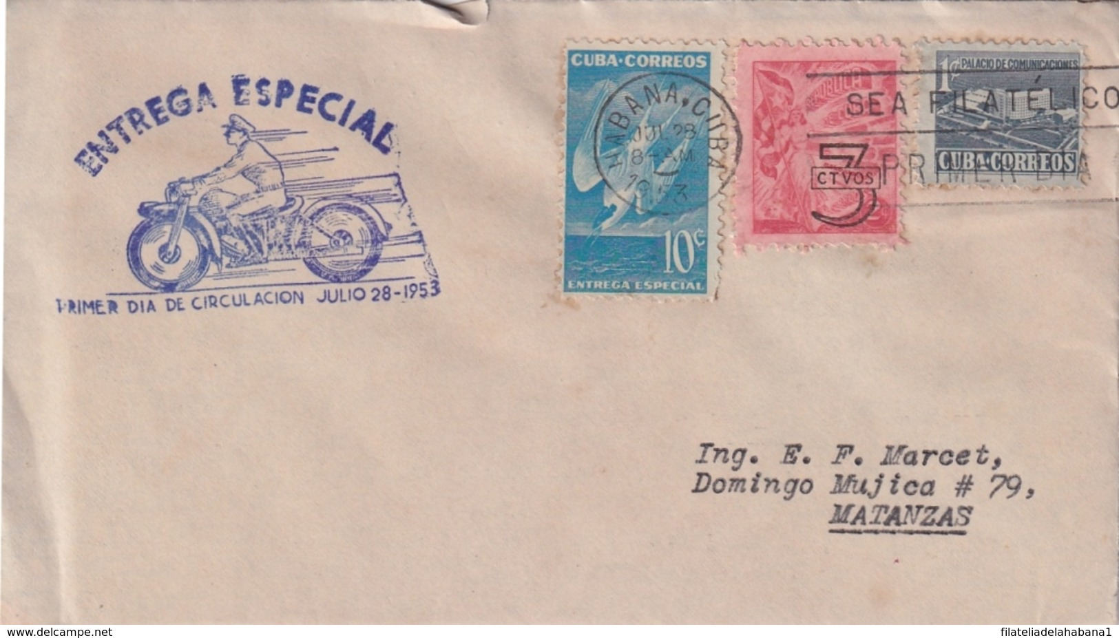 1953-FDC-94 CUBA REPUBLICA 1953 FDC SPECIAL DELIVERY ENTREGA ESPECIAL MOTO. - FDC