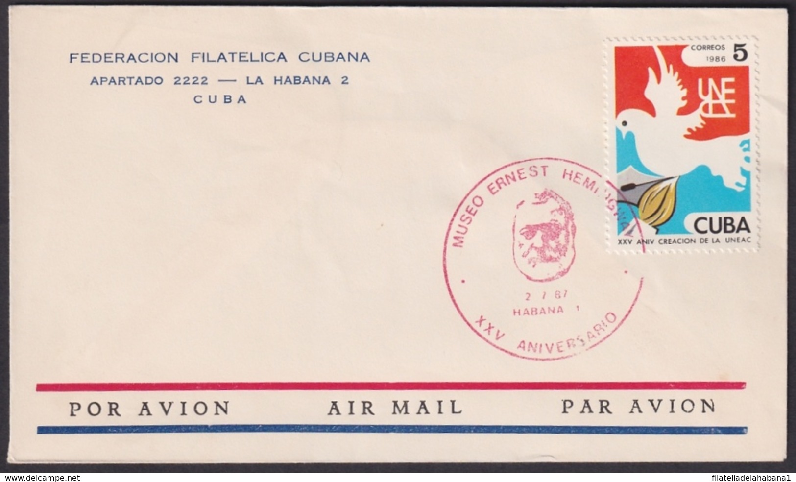 1987-CE-110 CUBA 1987 SPECIAL CANCEL 25 ANIV DEL MUSEO ERNEST HEMINGWAY RED CANCEL - Other & Unclassified