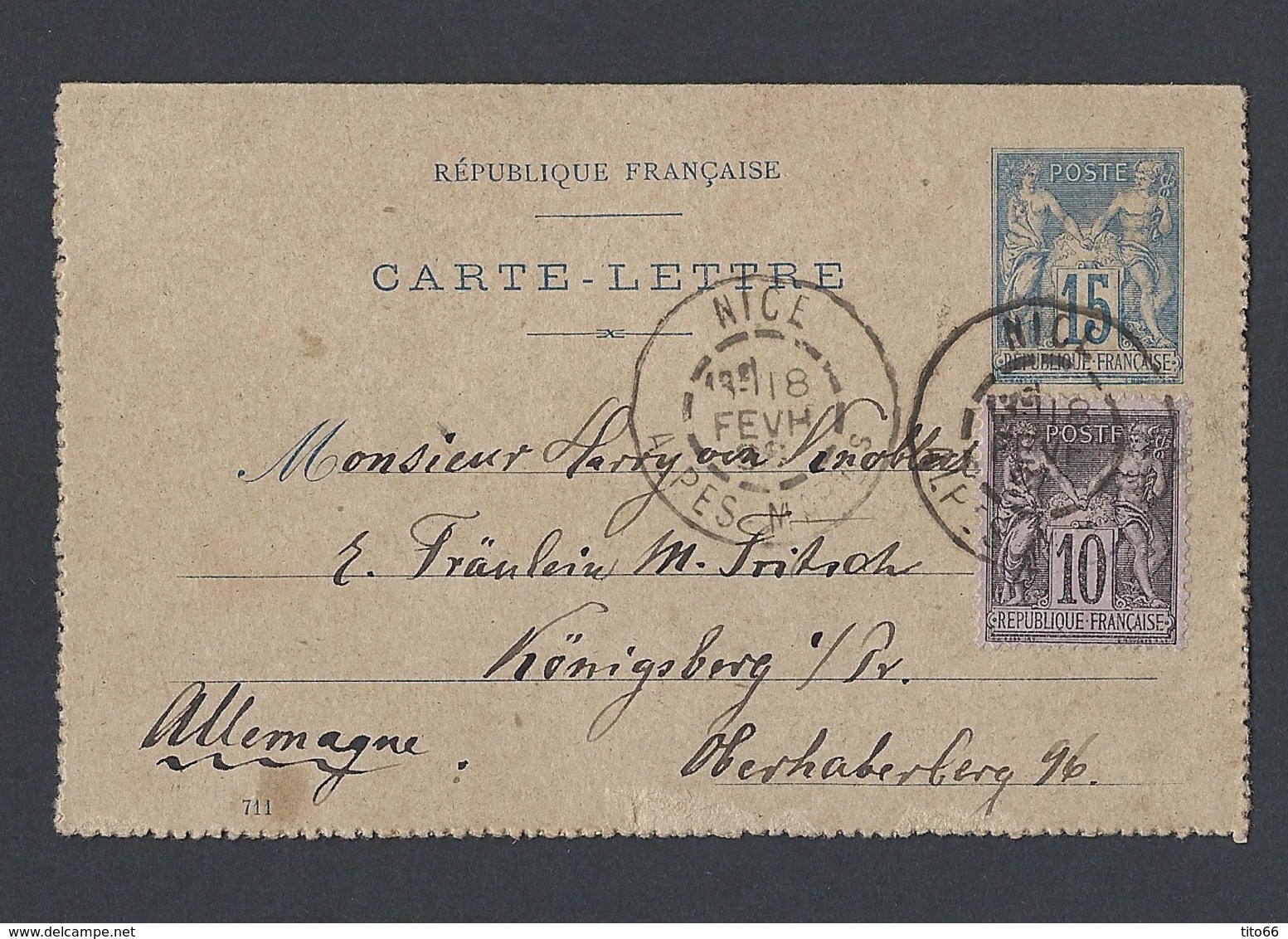 Carte Lettre Type Sage 15 C Bleu Avec Sage 89 En Complément De Nice 18/02/1893 Vers Konigsberg En Allemagne - 1877-1920: Semi-Moderne