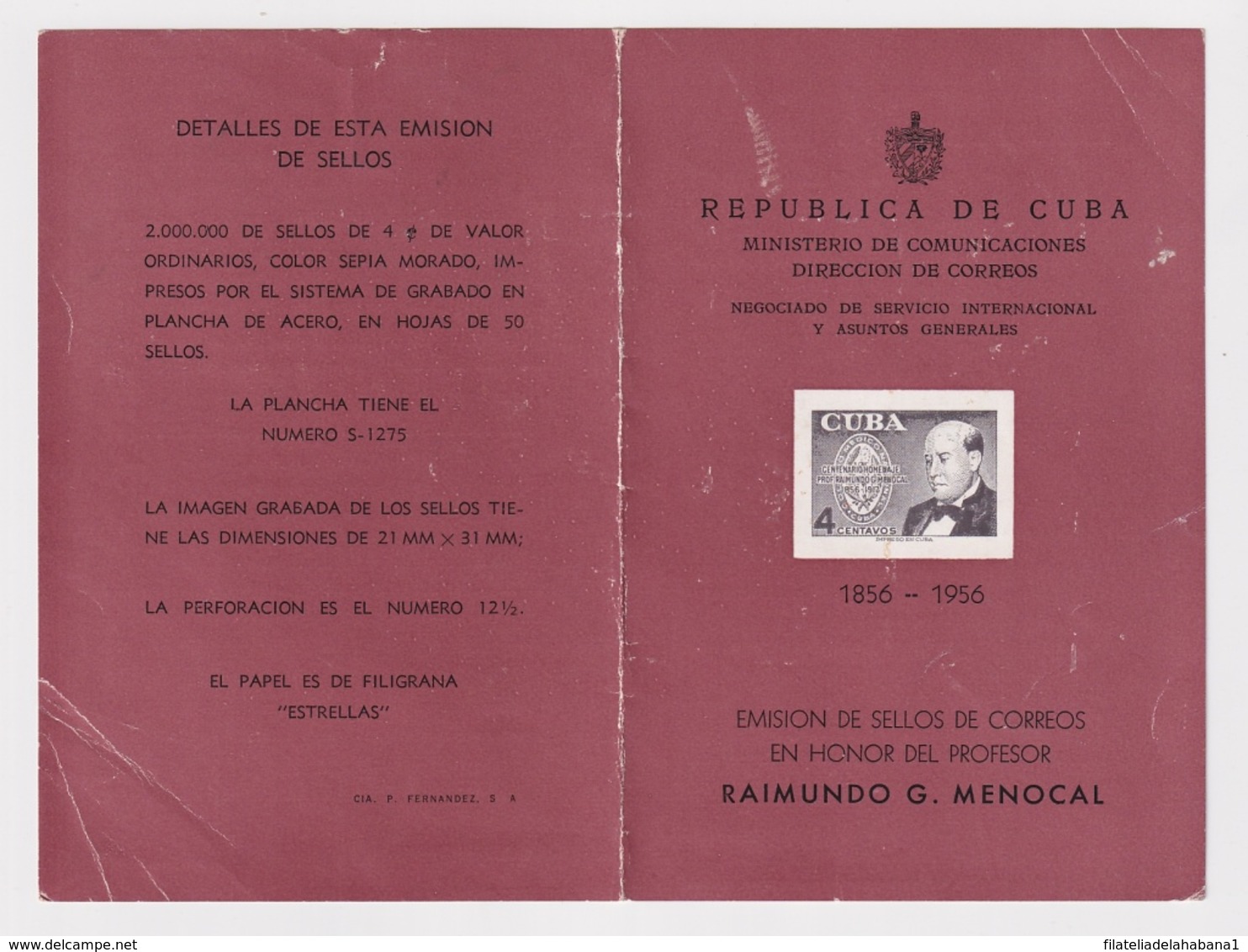 PRP-121 CUBA REPUBLICA 1956 PROPAGANDA POSTAL RAIMUNDO MENOCAL - Maximum Cards