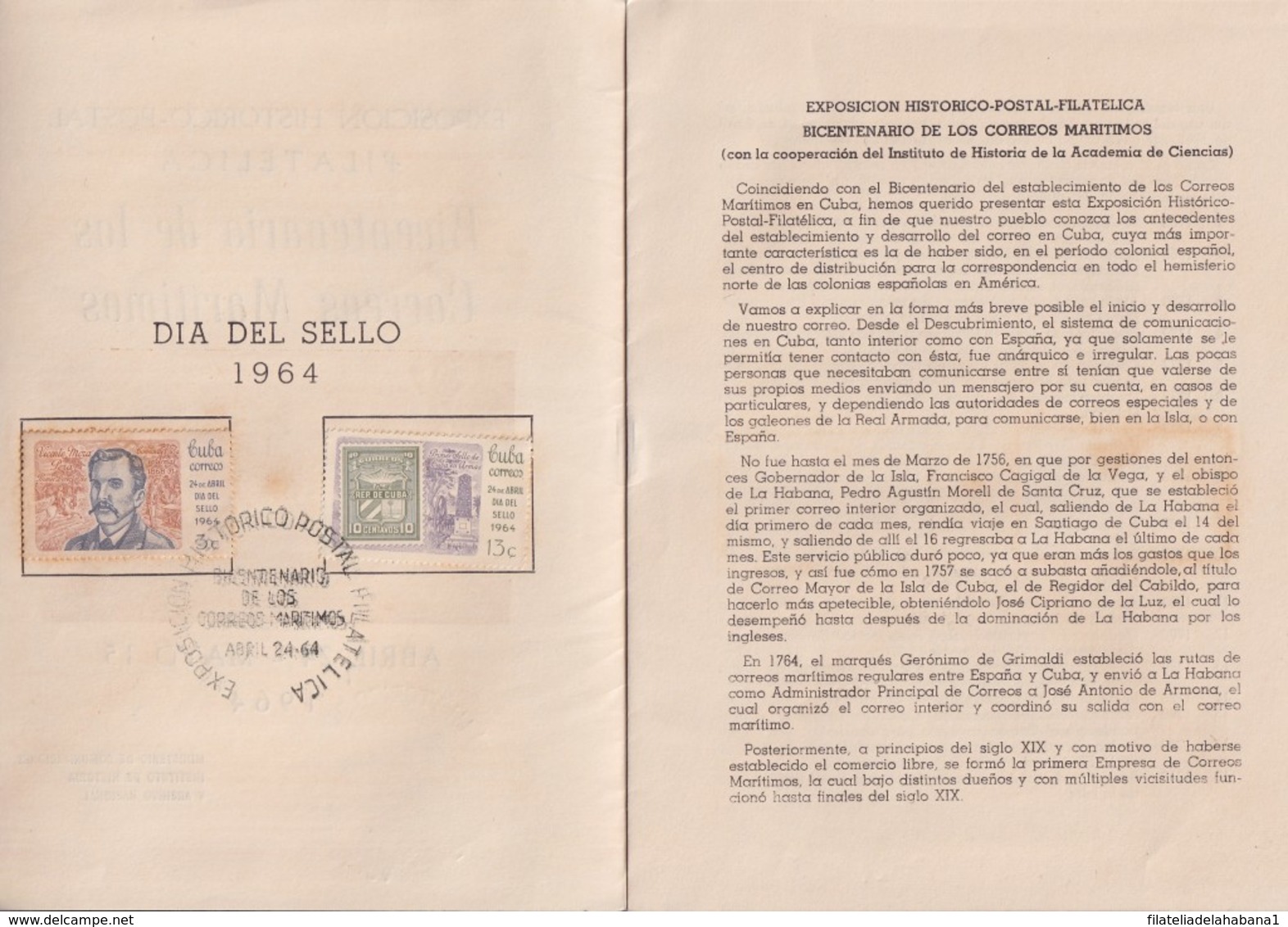 1964-CE-32 CUBA 1964 (LG1735) SPECIAL CANCEL. LIBRO DE LA EXPOSICION 200 ANIV CORREO MARITIMO - Maximum Cards