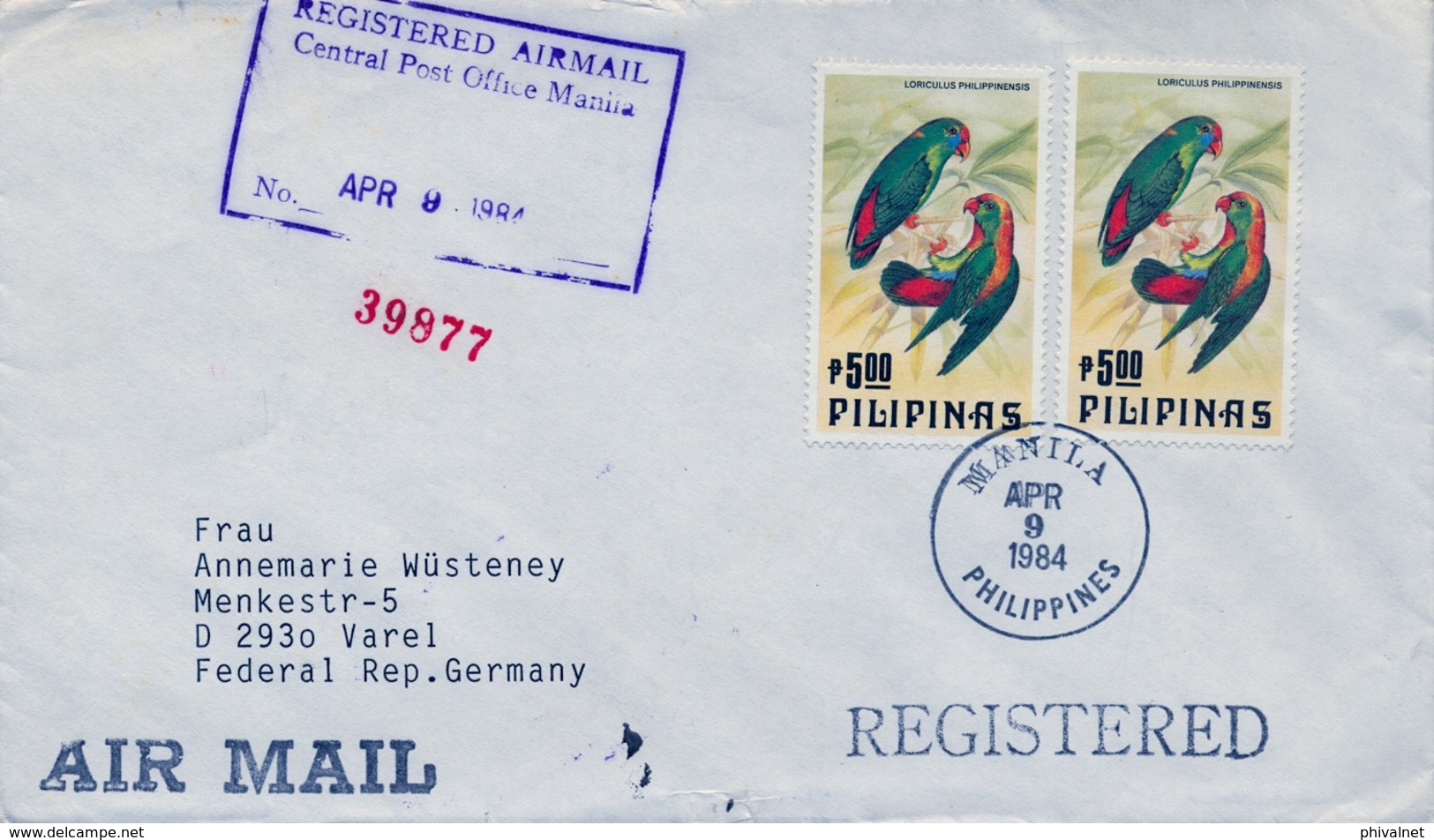 1984 , FILIPINAS , SOBRE CERTIFICADO ENTRE MANILA Y VAREL, LOROS , PARROTS , AVES - Filipinas