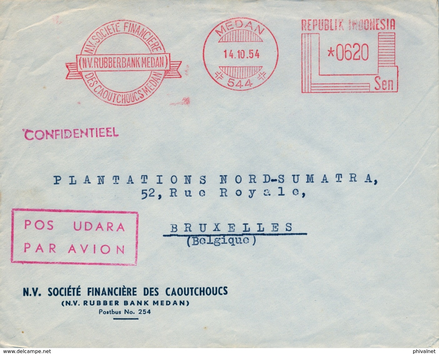 1954 , INDONESIA , SOBRE CIRCULADO , MEDAN - BRUSELAS , CORREO AÉREO, FRANQUEO MECÁNICO , RUBBER BANK MEDAN - Indonesia