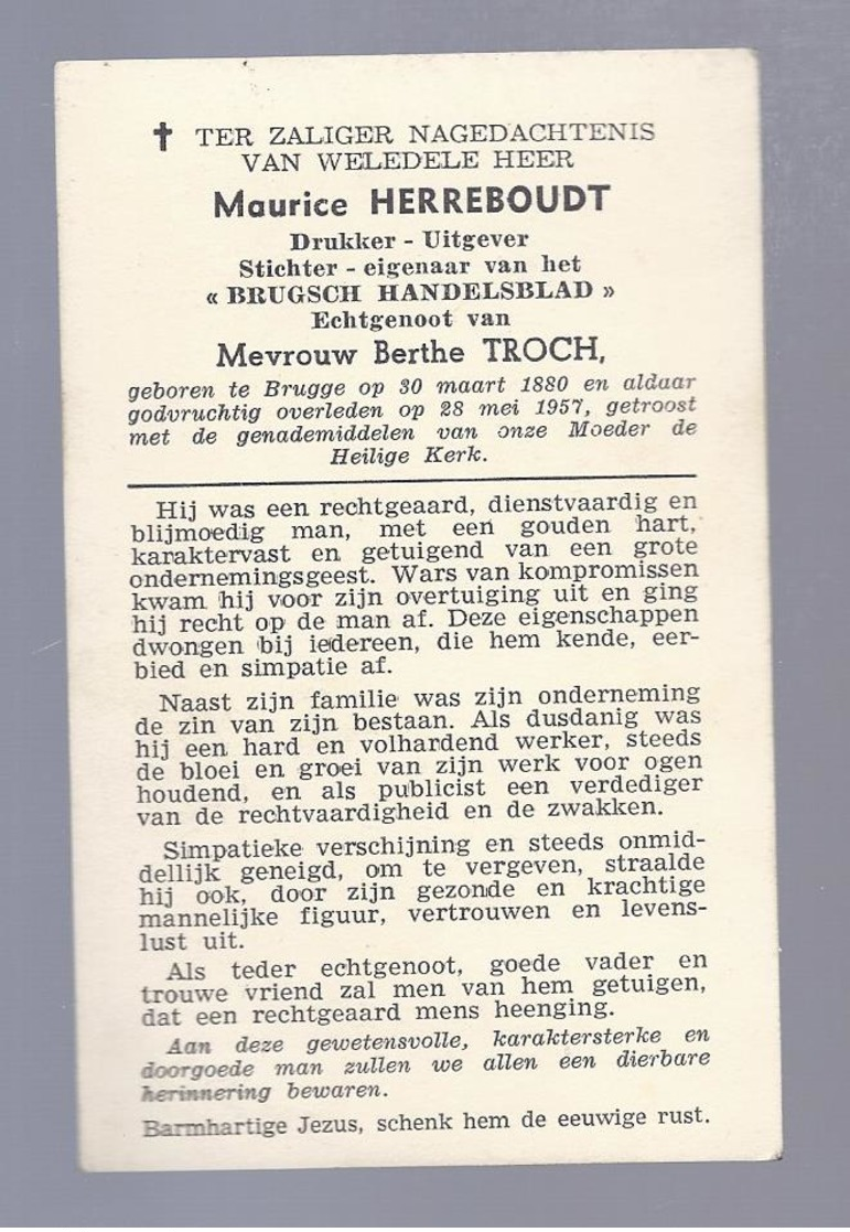 DOODSPRENTJE HERREBOUDT TROCH DRUKKER UITGEVER ... BRUGSCH HANDELSBLAD ° BRUGGE 1880 + 1957 - Devotieprenten