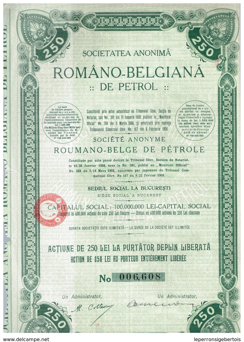 Ancienne Action - Romano Belgiana De Petrol - Roumano Belge De - Titre De 1908 - N°006.608 - Pétrole