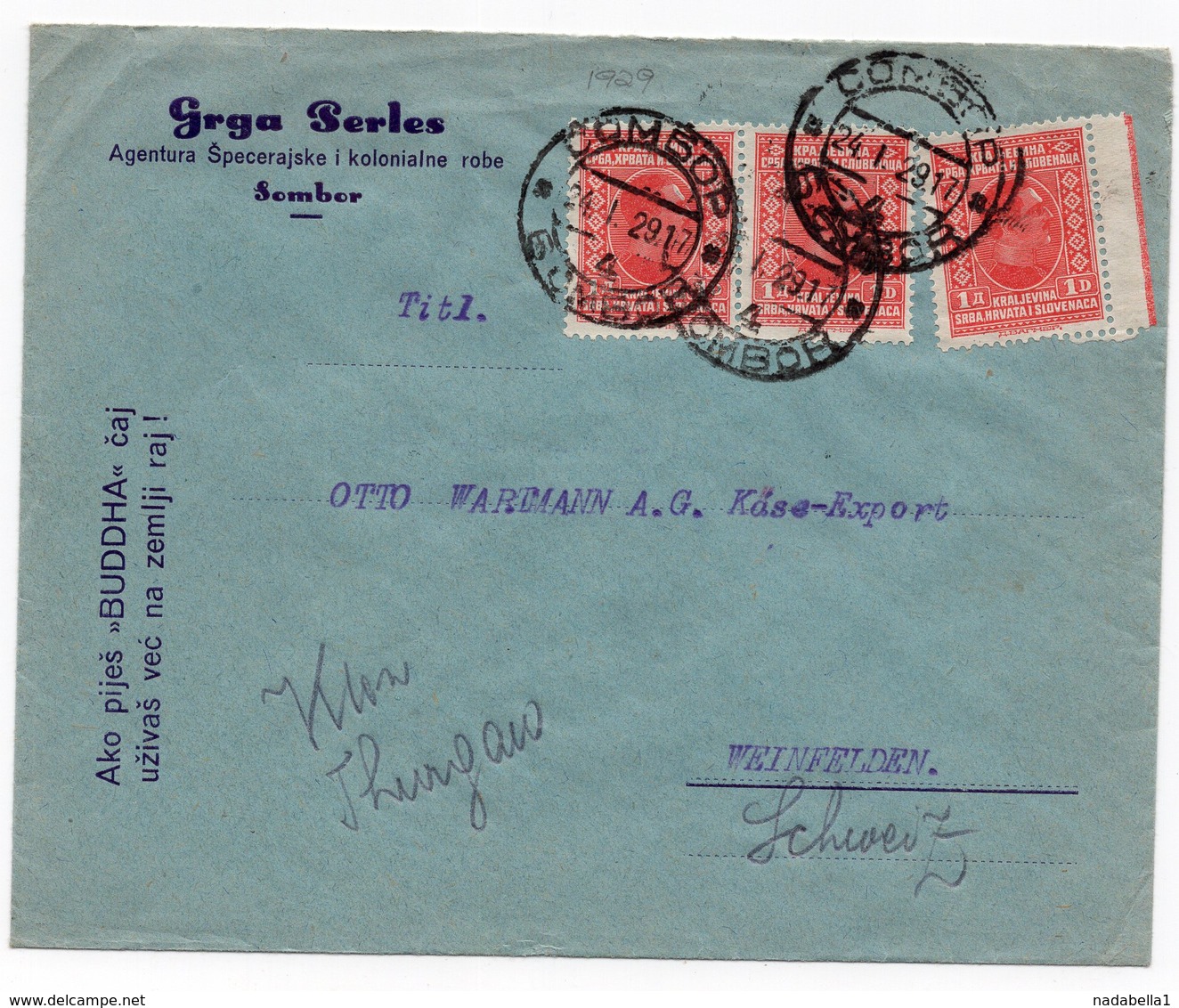 1929 YUGOSLAVIA, SERBIA, SOMBOR TO WEINFELDEN, SWITZERLAND, COMPANY COVER, FLAM - Covers & Documents