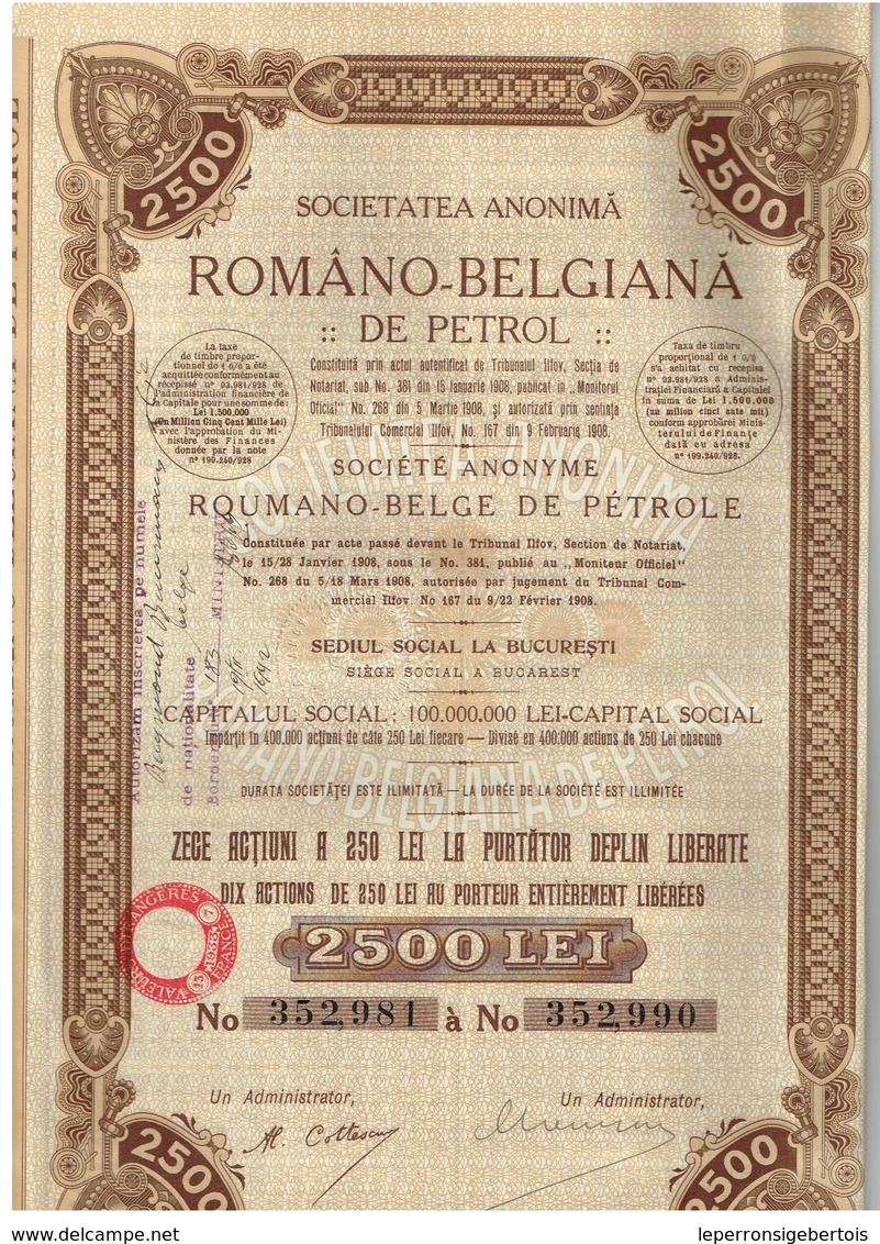 Ancienne Action - Romano Belgiana De Petrol - Roumano Belge De - Titre De 1908 - N°352981 à N° 352990 - Pétrole