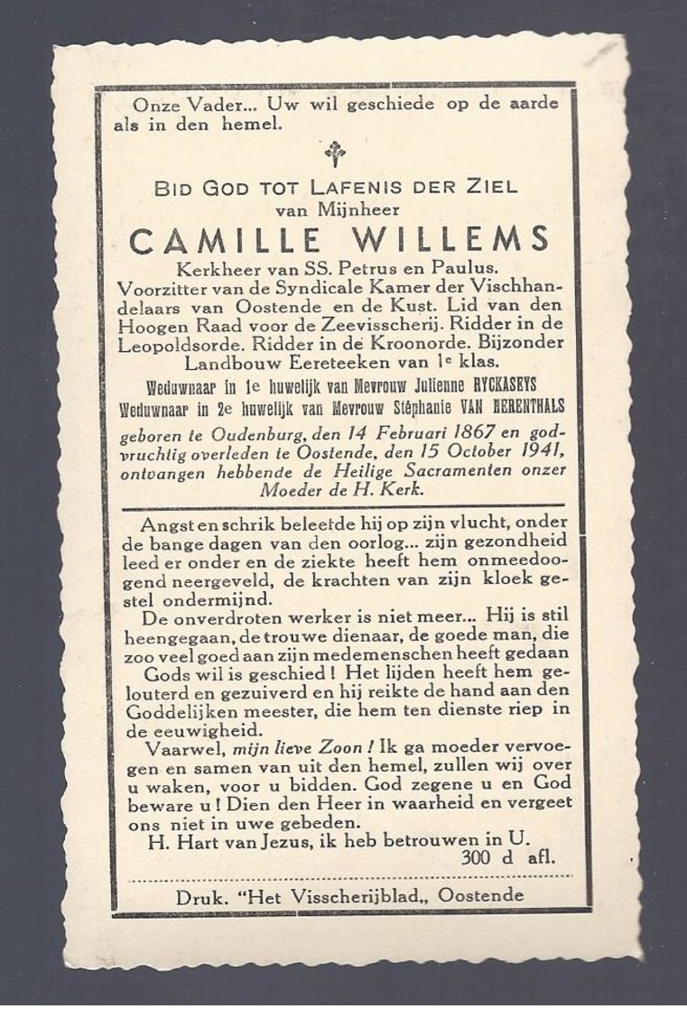 DOODSPRENTJE WILLEMS RYCKASEYS VAN HERENTHALS KERKHEER VISHANDELAARS ZEEVISSERIJ OORLOG ° OUDENBURG 1867 + OOSTENDE 1941 - Images Religieuses