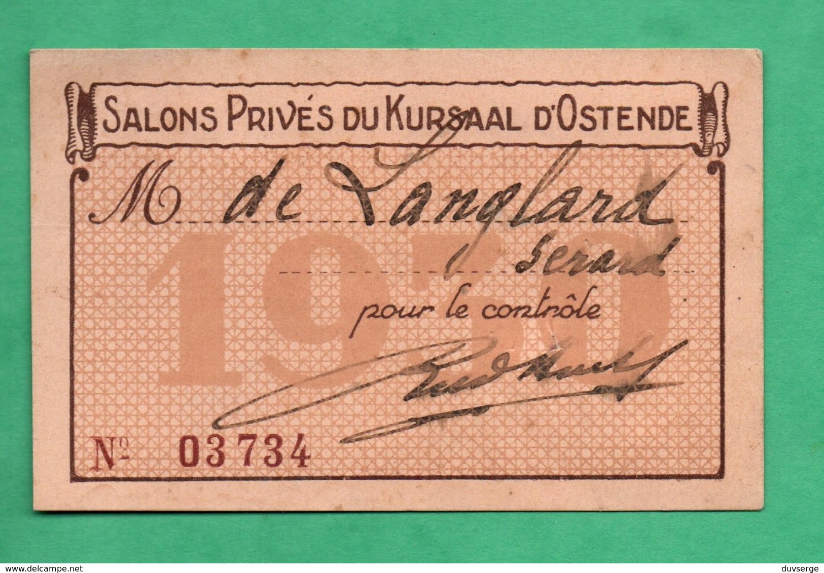 Belgique Ostende Casino Kursaal  Carte De Membre Des Salons Privés 1930 ( Format 6cm X 9,5cm ) ) - Toegangskaarten