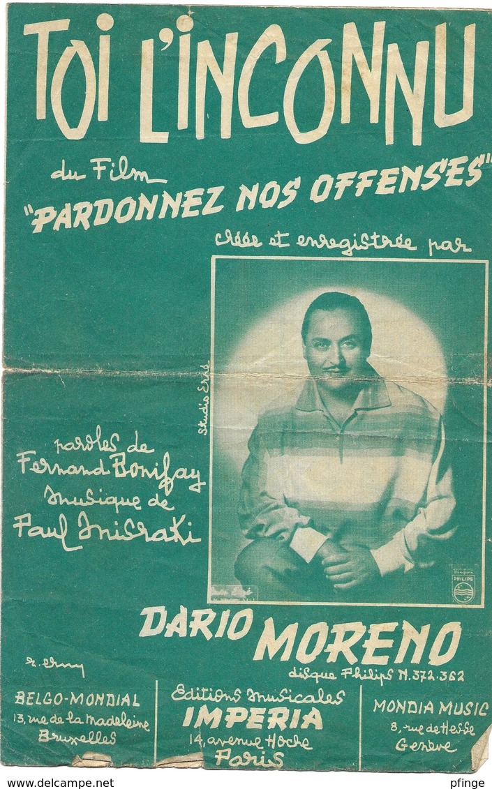 Toi, L'inconnu - Dario Moreno  (p : Fernand Bonifay ;  M :Paul Misraki), 1956 - Autres & Non Classés