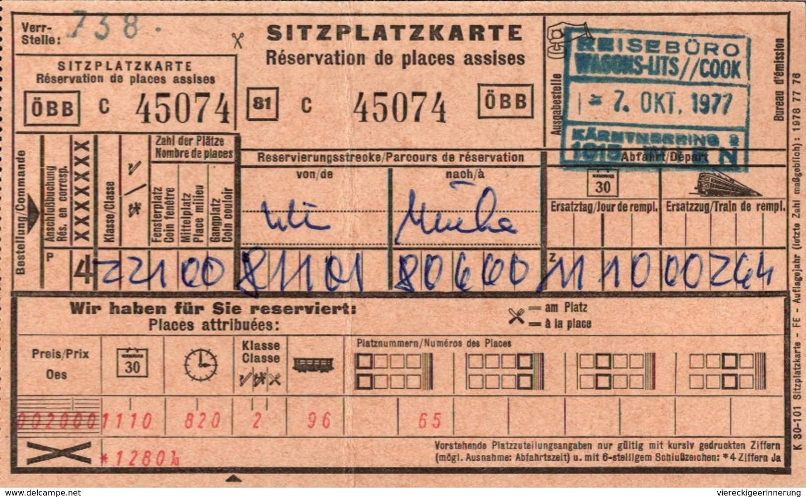 ! 5 Eisenbahn Platzkarten, Deutsche Bahn, ÖBB, 1977-1979, Hamburg, München, Wien - Europe