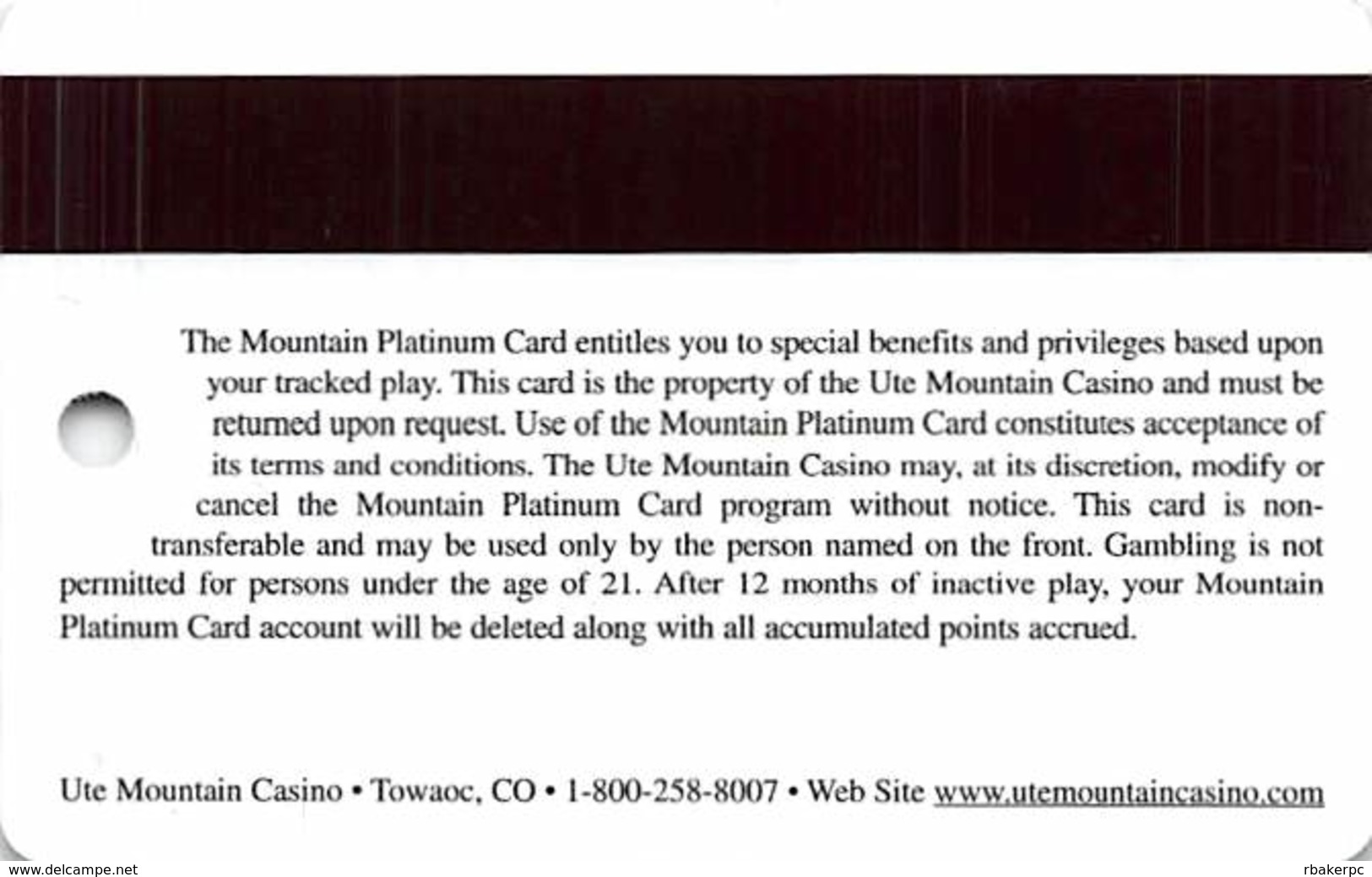 Ute Mountain Casino - Towaoc CO - BLANK Platinum Slot Card - Casino Cards