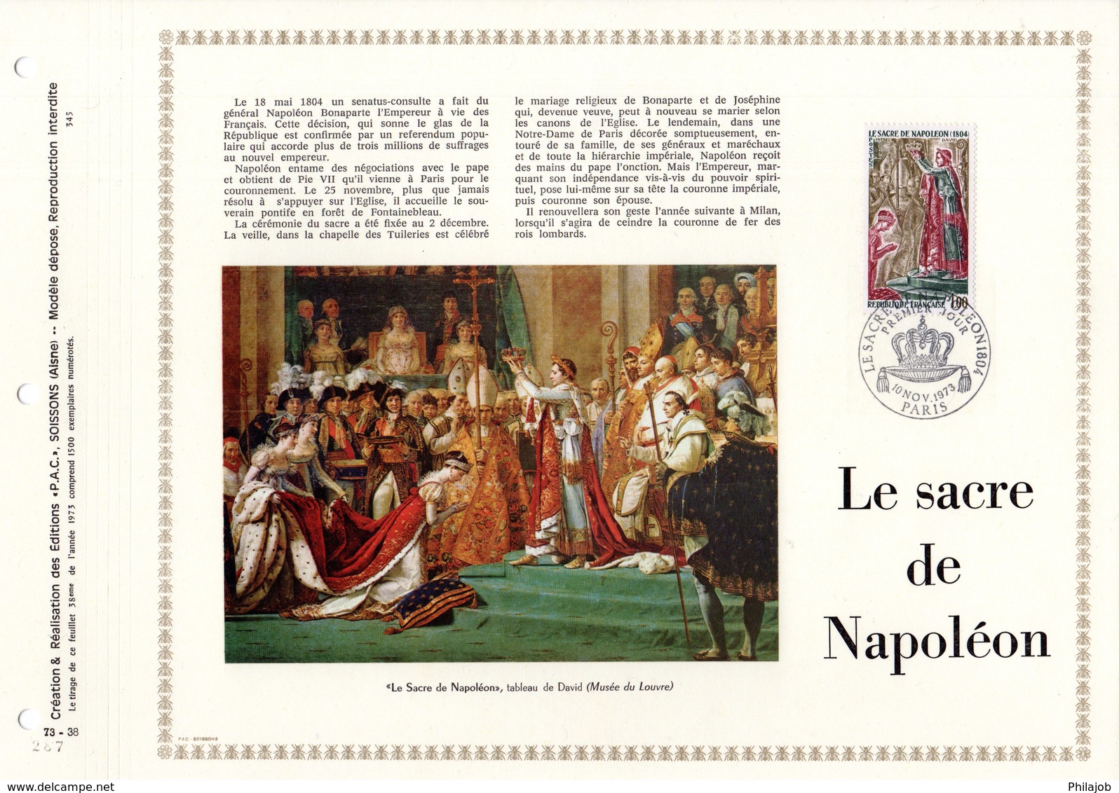 RARE (1500 Ex) " LE SACRE DE NAPOLEON A NOTRE DAME DE PARIS " Sur Feuillet PAC 1er Jour .  N° YT 1776. Parf état. FDC - Napoléon