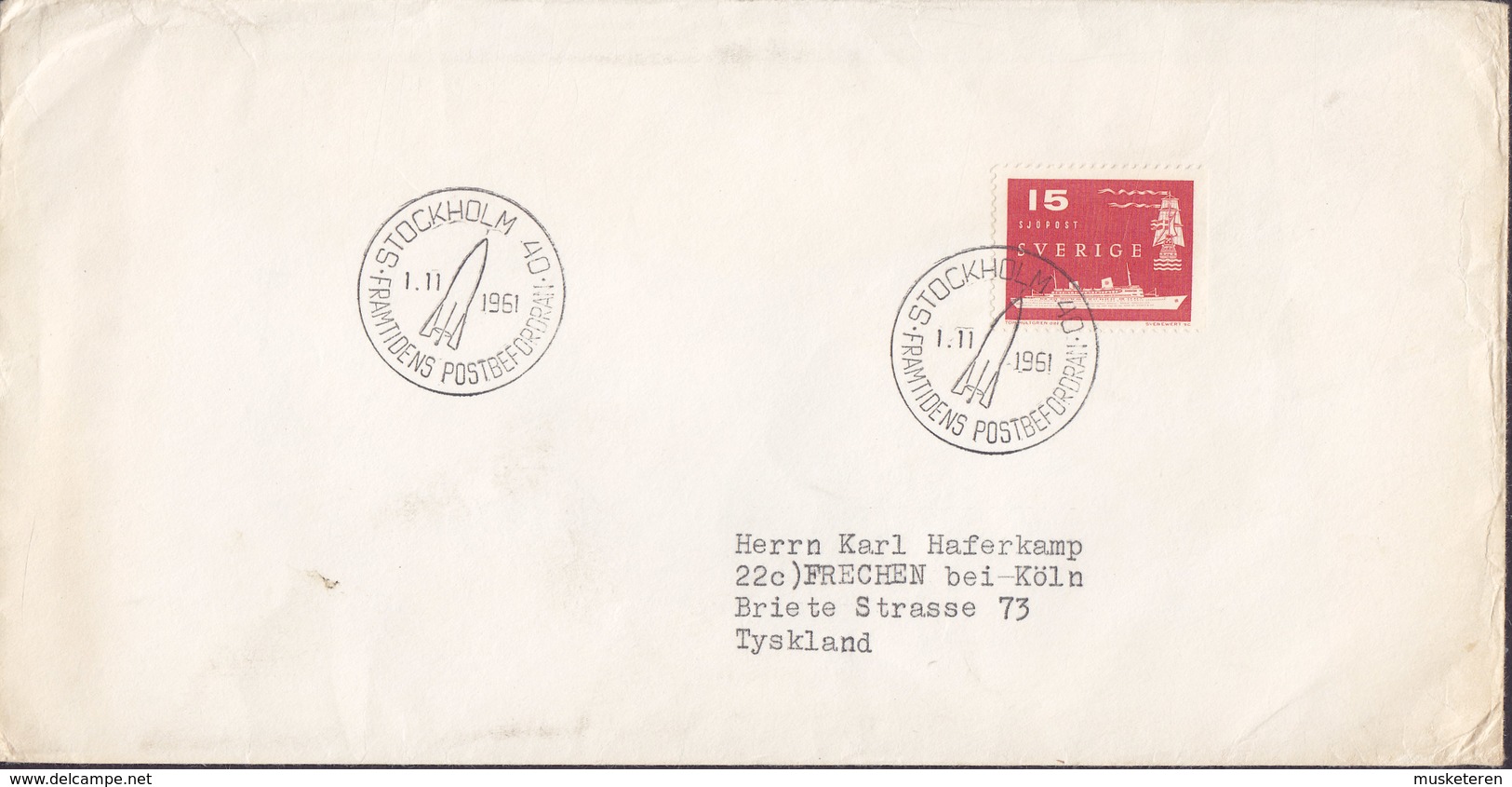 Sweden Sonderstempel 'Framtidens Postbefordran' Rocket Cachet STOCKHOLM 1961 Cover Brief KÖLN Germany Schiffe Ships - Briefe U. Dokumente