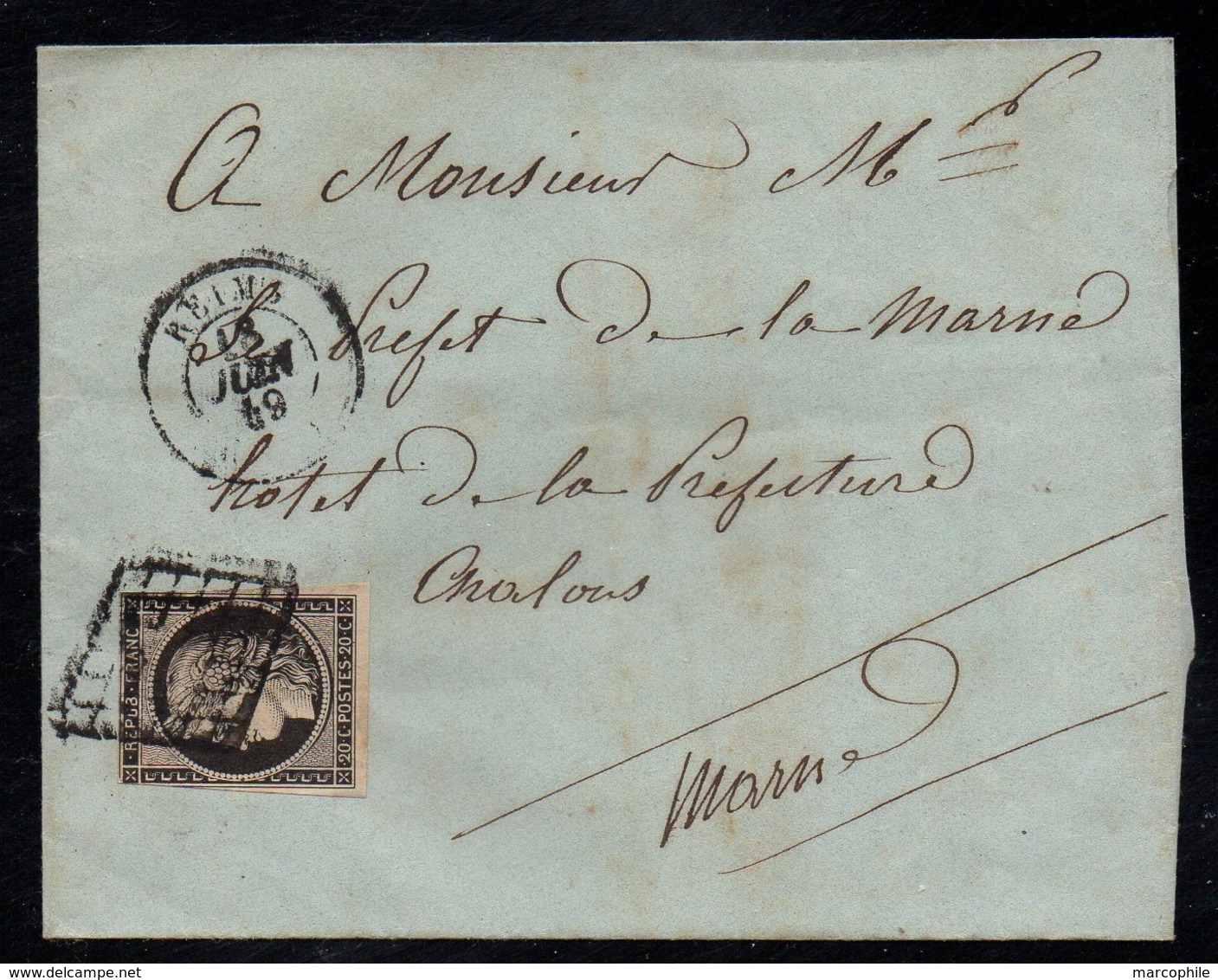 REIMS - MARNE / 18-6-1849 - # 3 - 20 C. NOIR SUR LSC POUR CHALONS (ref 5707) - 1849-1850 Cérès