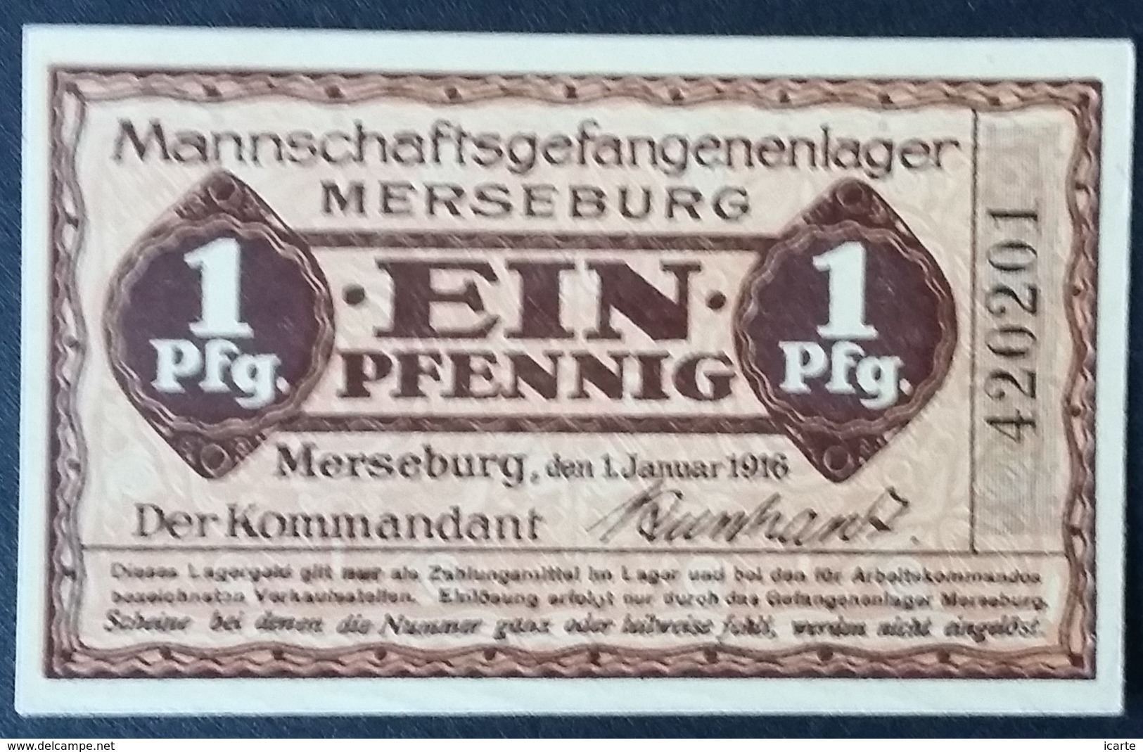 Billet 1 Pfennig LAGERGELD MONNAIE DE CAMP PRISONNIER DE GUERRE Kriegsgefangenenlager MERSEBURG - Sonstige & Ohne Zuordnung