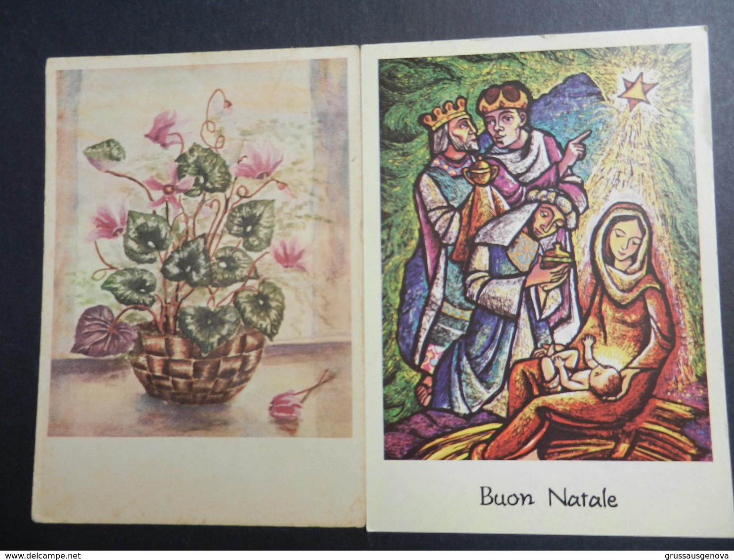 19943) LOTTO DI DUE CARTOLINE AUGURALI DIPINTE CON BOCCA VASO CICLAMINI NON VIAGGIATA E VIAGGIATA - Altri & Non Classificati