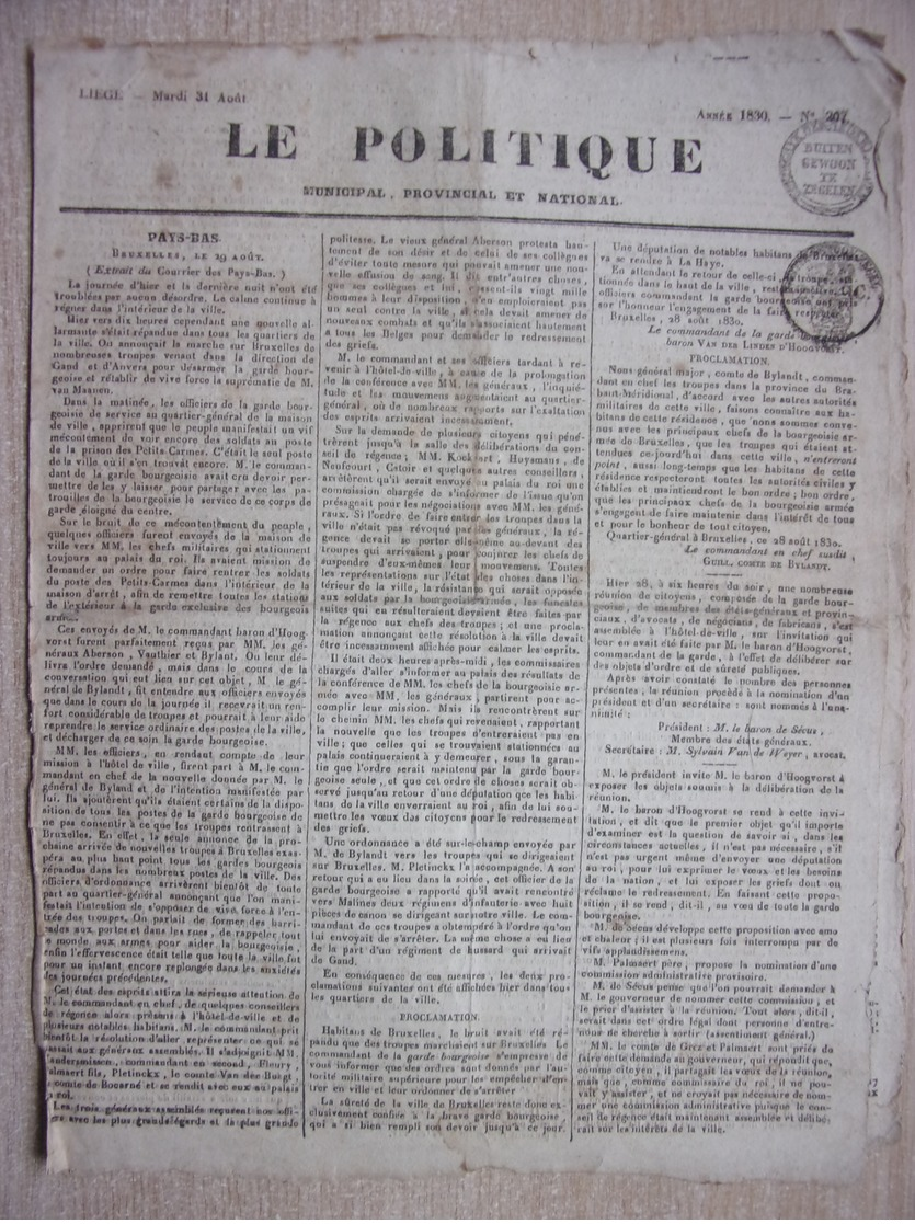 1830 - Liège - Le Politique Municipal, Provincial Et National - 31 Août 1830 - Zonder Classificatie